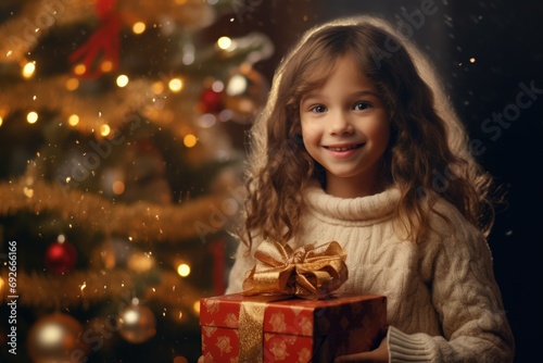 Smiling girl holding a Christmas gift box. Decorated Xmas tree at the background. AI Generated