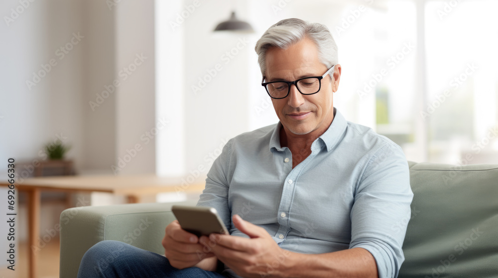 Man sits on the couch at home and smiles holding his smartphone in his hands Man sits on the couch at home and smiles holding his smartphone in his hands