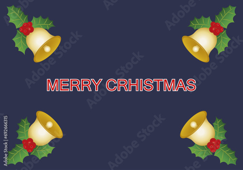 Felicitación de navidad en fondo azul con campanas y acebo dorado.