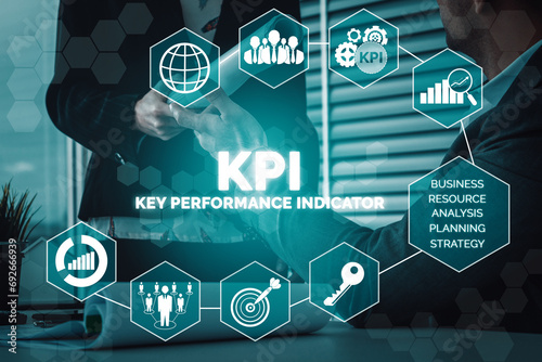 KPI Key Performance Indicator for Business Concept - Modern graphic interface showing symbols of job target evaluation and analytical numbers for marketing KPI management. uds photo