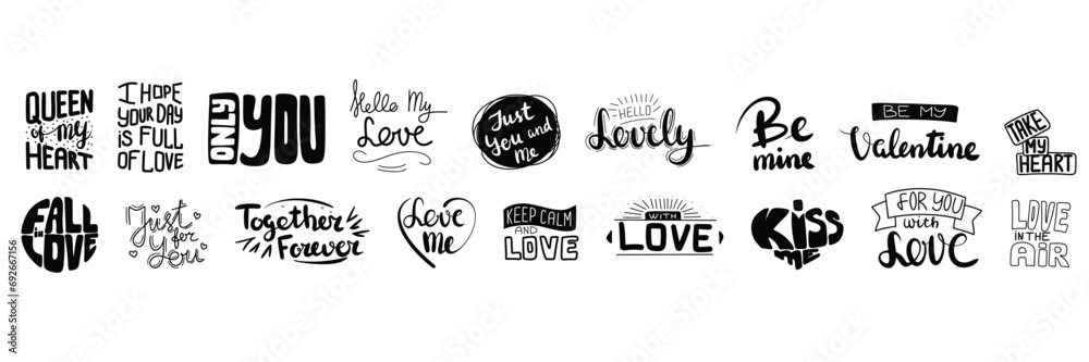 Collection of Valentine's Day inscription. Handwriting short phrases for Valentine's Day. Hand drawn vector art.