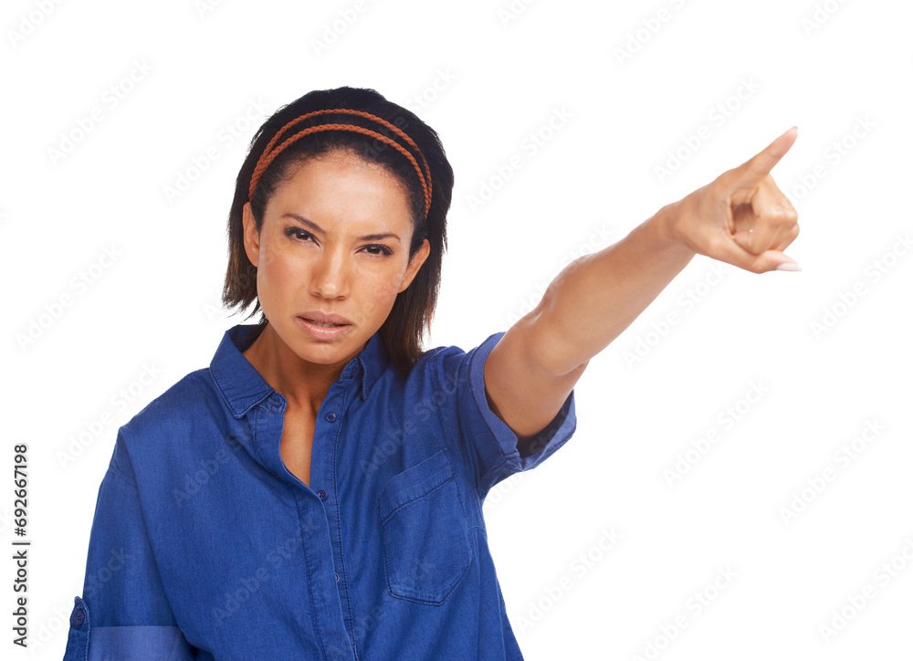 Studio portrait, serious problem or woman pointing at bad sale deal, commercial direction or service crisis. News advertisement, presentation or model fail risk, offer or discount on white background Studio portrait, serious problem or woman pointing at bad sale deal, commercial direction or service crisis. News advertisement, presentation or model fail risk, offer or discount on white background