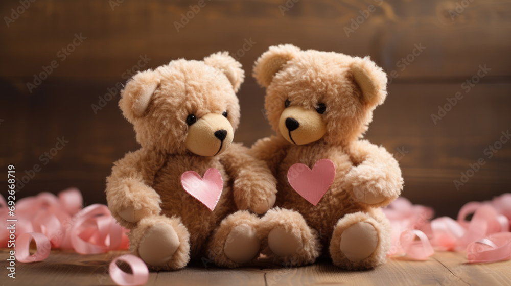 Two brown teddy bears with a heart-shaped ornament between them, evoking a sense of love and affection. Two brown teddy bears with a heart-shaped ornament between them, evoking a sense of love and affection.