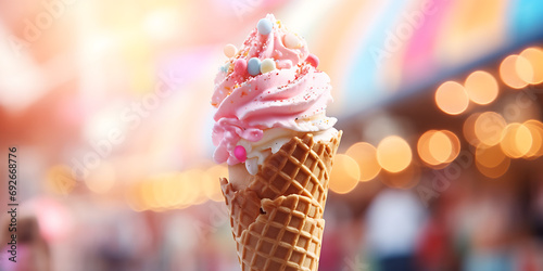 There is a large ice cream cone with pink and white toppings, There is a ice cream cone with sprinkles and candy on it, Ice cream cone on a table with a blurry background