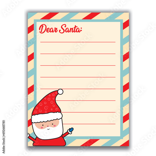 Kids Template for Christmas Letter to Santa Claus: Christmas Tree Character Illustration Vector and Santa Claus on a Decorated Paper Sheet photo