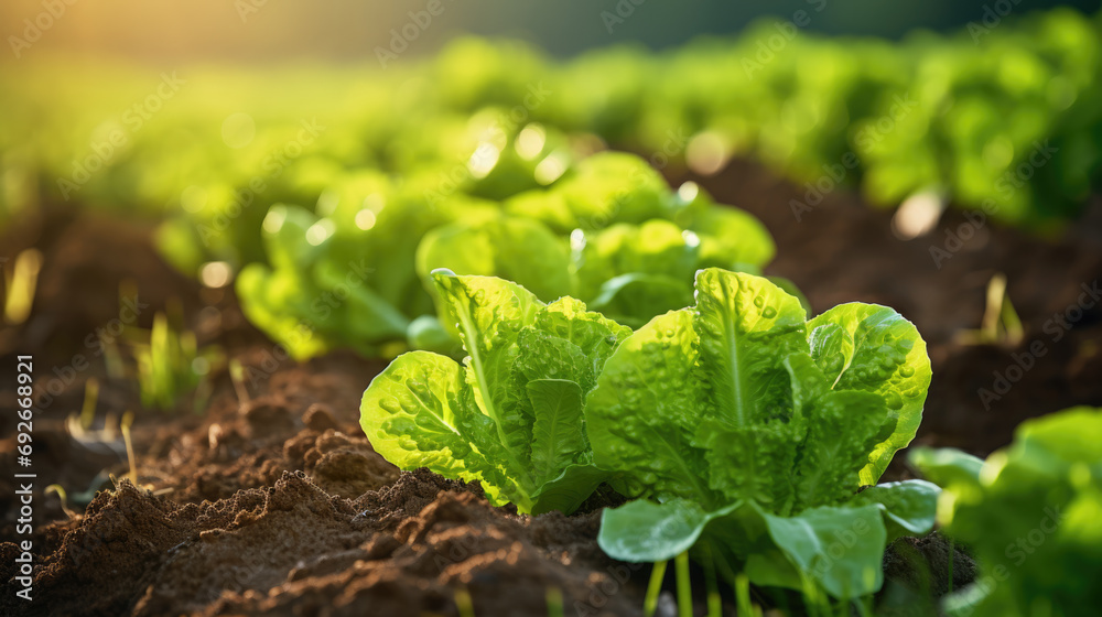 Rows of lush green lettuce growing in rich soil on a farm, with sunlight highlighting the fresh leaves. Rows of lush green lettuce growing in rich soil on a farm, with sunlight highlighting the fresh leaves.
