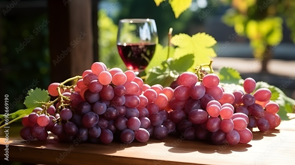 Fototapeta premium Red grapes with grape juice on wooden surface, dark background