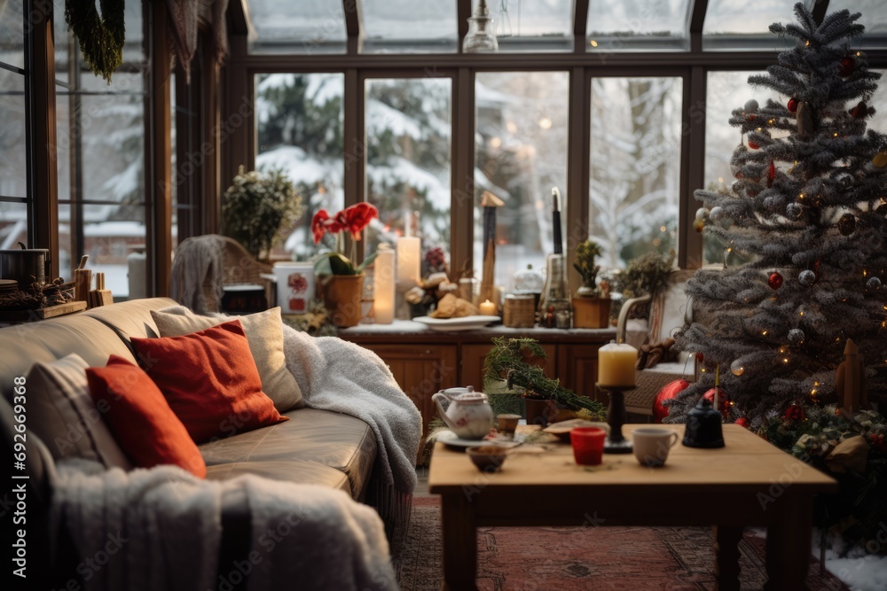 Patio or veranda decorated for Christmas season. Xmas tree. Snow outside of the window. AI generated Patio or veranda decorated for Christmas season. Xmas tree. Snow outside of the window. AI generated