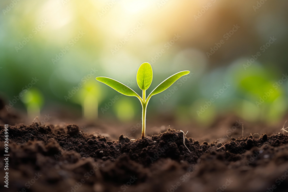 The seedling are growing from the soil in sunlights. Springtime. Macro wiew The seedling are growing from the soil in sunlights. Springtime. Macro wiew
