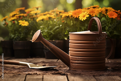 Cute watering can in the garden with flowers on background