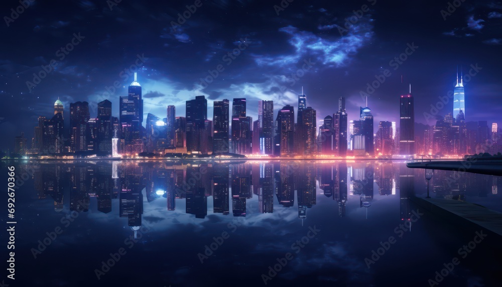 City Skyline at Night Reflected in Water