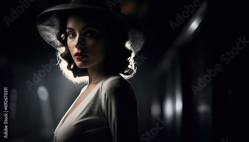 Woman Wearing a Hat in a Dark Room