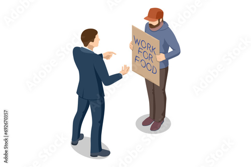 Isometric Homeless needing help, begging money man women, bum. A man, homeless and wearing man in a cap, standing on the street, clutching a cardboard sign expressing a desire for employment.