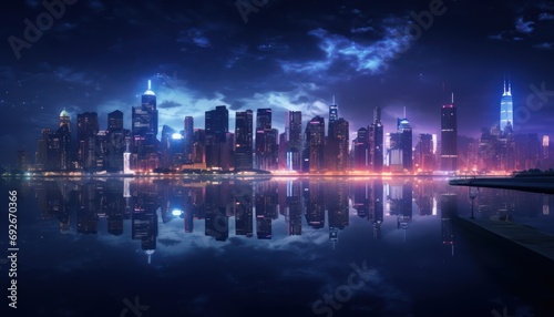City Skyline at Night Reflected in Water