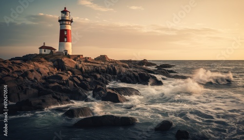 Red and White Lighthouse on a Rocky Shore
