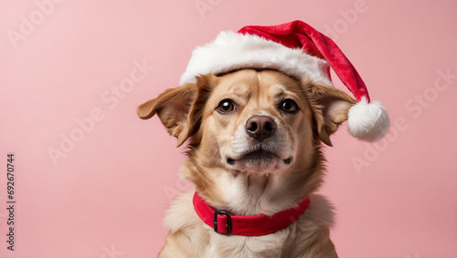 dog wearing Santa hat on light pink background. backdrop with copy space © adynue