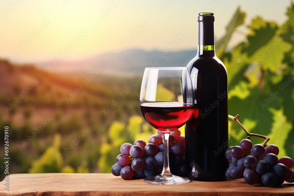 Bottle and glass of red wine with ripe grapes on vineyard background