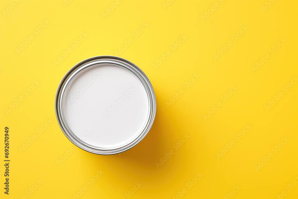 Metal paint can with white paint on yellow background Metal paint can with white paint on yellow background