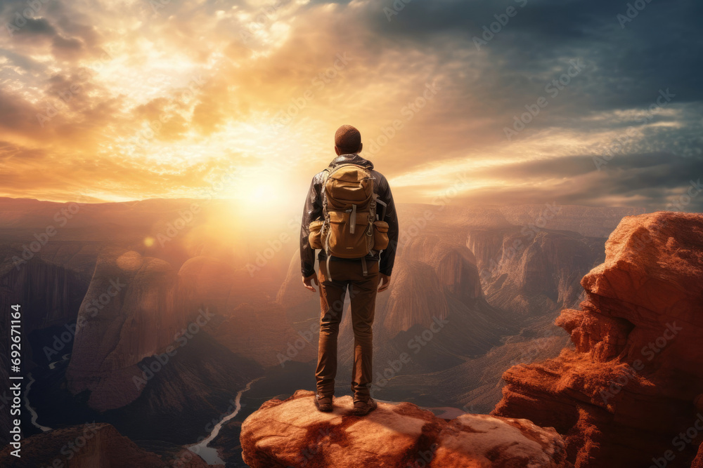 traveler with a backpack standing on the edge of a cliff looking at the setting sun.
