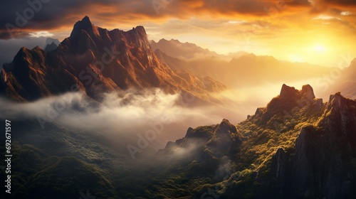 A breathtaking sunrise over the mountains of Madeira Island, illuminating the landscape with a golden glow, as the first rays of light kiss the rugged peaks, heralding the beginning of a new day. © baseer