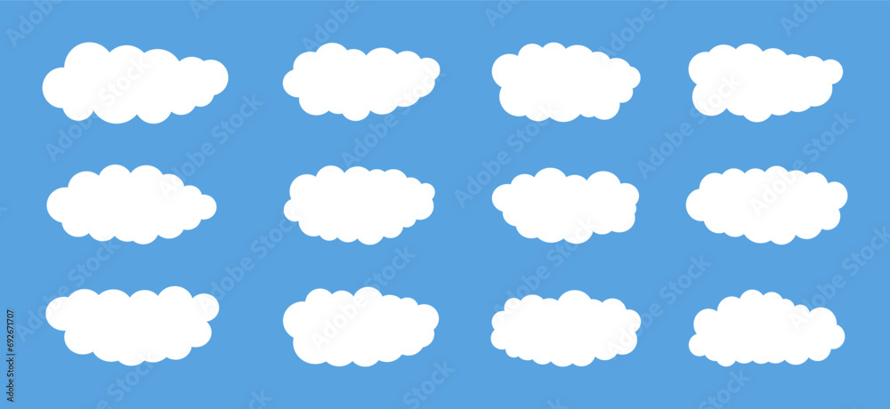 Set of vector clouds isolated on blue sky, background. White fluffy cloud collection in flat style. Cute vector decoration, graphic design elements. Soft geometric shapes. Flat Vector illustration Set of vector clouds isolated on blue sky, background. White fluffy cloud collection in flat style. Cute vector decoration, graphic design elements. Soft geometric shapes. Flat Vector illustration