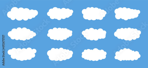 Set of vector clouds isolated on blue sky, background. White fluffy cloud collection in flat style. Cute vector decoration, graphic design elements. Soft geometric shapes. Flat Vector illustration