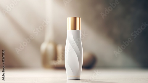 A captivating close-up of a blank cosmetic bottle mockup, highlighting its smooth surface and the potential for luxurious beauty products. photo