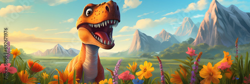 Illustration of cute dinosaur in prehistoric landscape with mountains and colorful flowers. Ideal as web banner or in social media. © Aul Zitzke