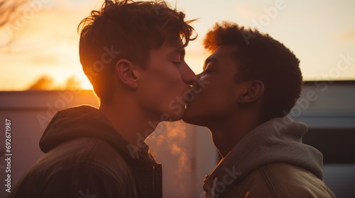 A heartfelt kiss between two young lovers at dusk, with warm sunlight casting a soft glow, perfect for illustrating young love and diversity.