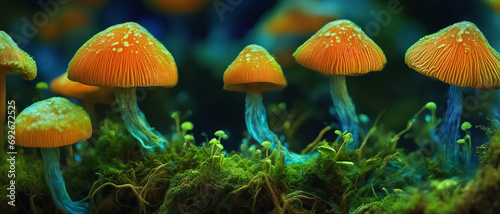 Macro fluorescent orange macro fungi on green moss