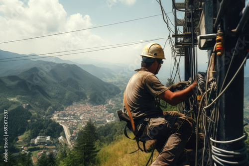 male electrician in a hard hat repairing a power line at high altitude during the day. photo