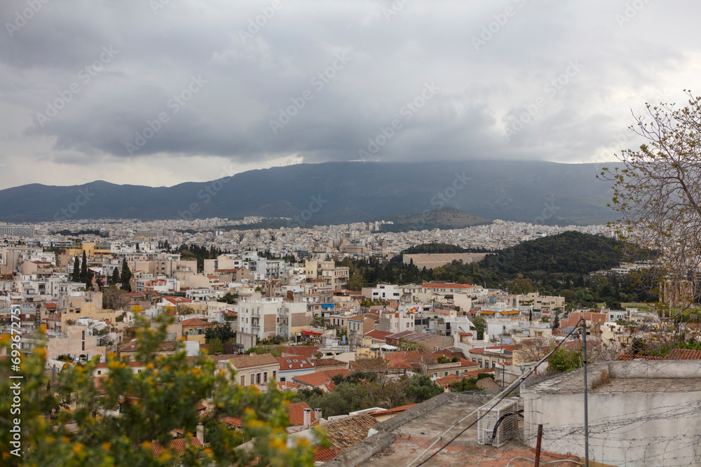 Greece Athens city view from the Acropolis on a cloudy summer day
