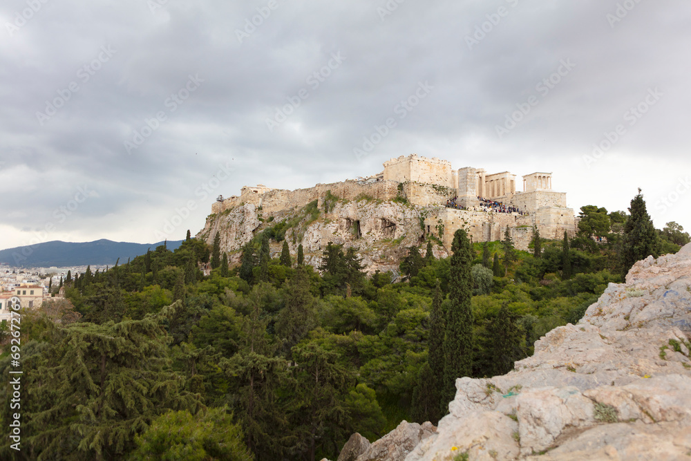 Greece Athens view of the Acropolis on a cloudy summer day