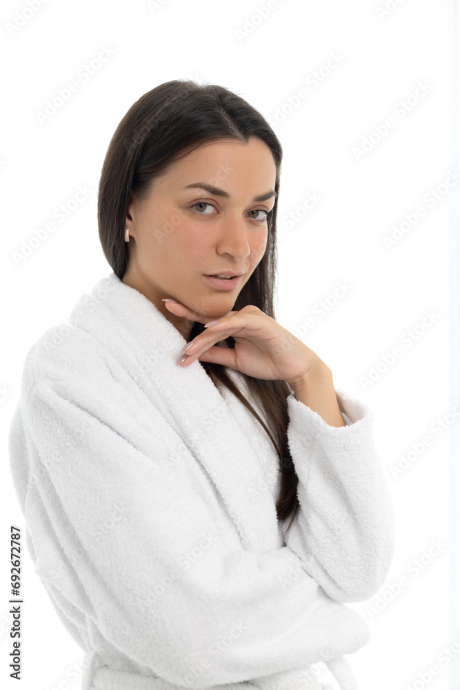 A portrait of attractive woman after skin care treatment, isolated on white A portrait of attractive woman after skin care treatment, isolated on white