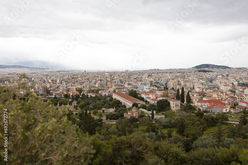 Greece Athens city view from the Acropolis on a cloudy summer day