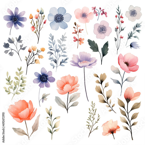 Collection of Watercolor Flowers in Shades of Purple and Pink, blue and peach, isolated from Background, set of stickers, textile pattern, greeting cards, DIY, collage