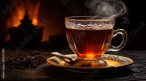 A glass of freshly brewed black tea, escaping steam, warm soft light, darker background