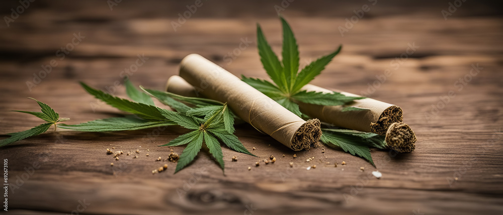 Cigarettes cannabis leaves on a wooden table - obrazy, fototapety, plakaty 