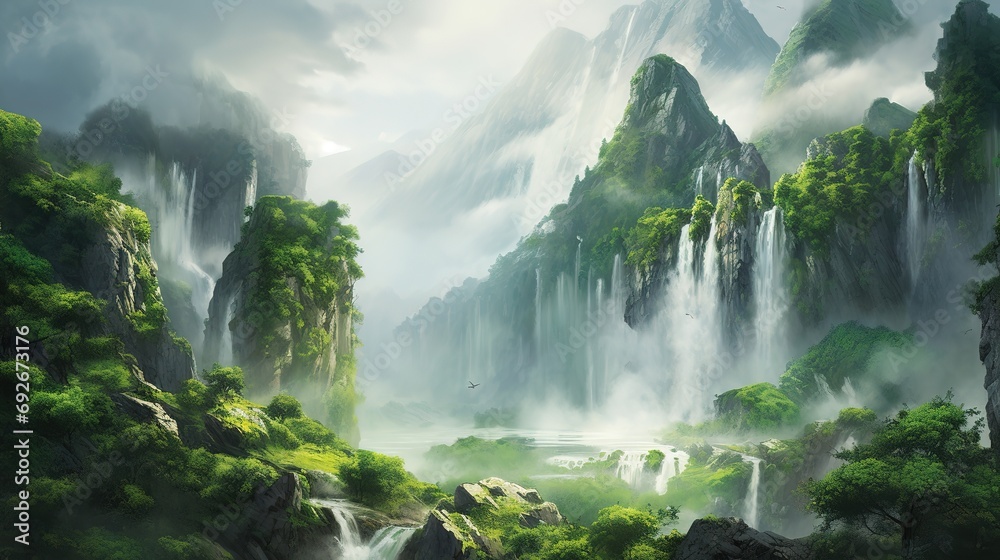 a powerful waterfall crashing down into a deep canyon, with mist and spray filling the air and the vibrant green foliage creating a sense of vibrant - obrazy, fototapety, plakaty 