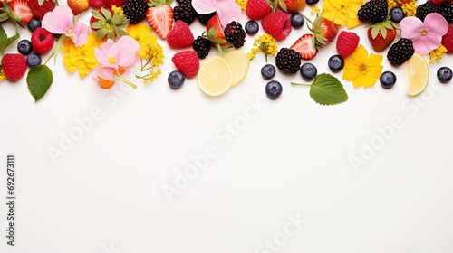 Banner with berries, fruits and flowers on a white background.