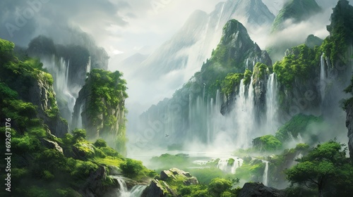 a powerful waterfall crashing down into a deep canyon  with mist and spray filling the air and the vibrant green foliage creating a sense of vibrant