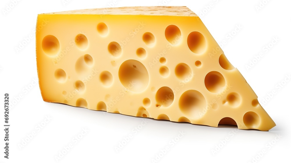 A savory wedge of Swiss cheese, known for its iconic holes and smooth texture, isolated on a white background