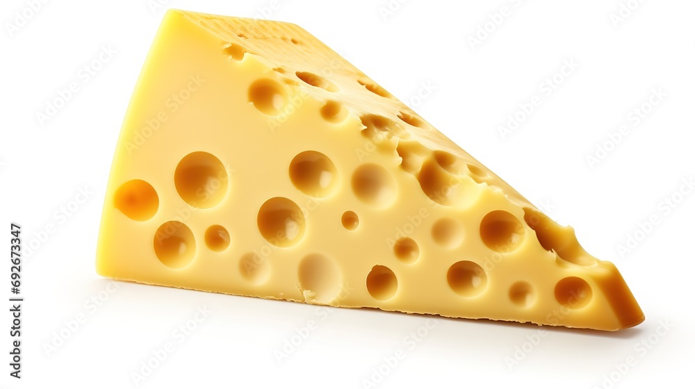 A savory wedge of Swiss cheese, known for its iconic holes and smooth texture, isolated on a white background