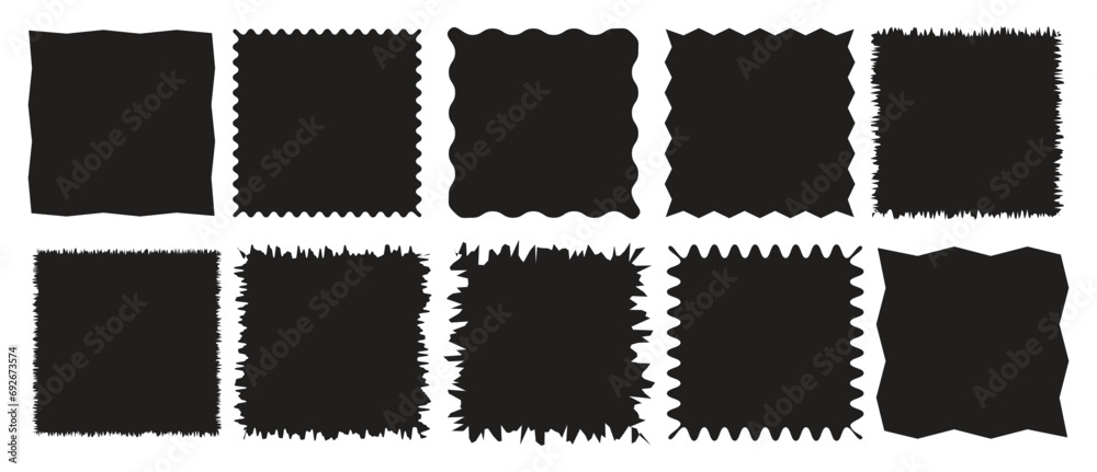 Torn shape pieces set. Set of black jagged  paper square. Zig zag square shape with jagged edges - obrazy, fototapety, plakaty 