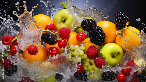 Fresh berries and fruits in a splash of water.