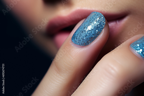 Beautiful woman with holiday manicure - blue glitter nails