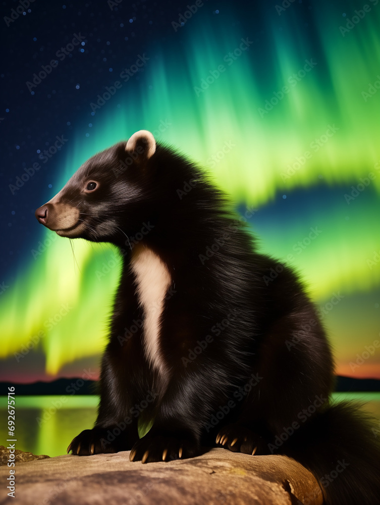 A Photo of a Skunk at Night Under the Aurora Borealis A Photo of a Skunk at Night Under the Aurora Borealis