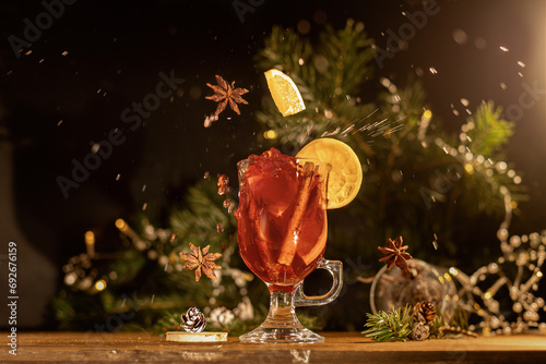 Gluhwein with orange in a Christmas atmosphere