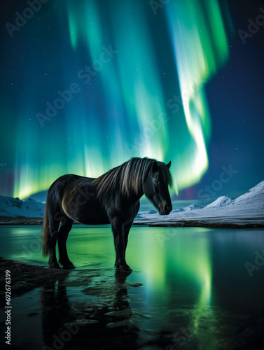 A Photo of a Horse at Night Under the Aurora Borealis © Nathan Hutchcraft