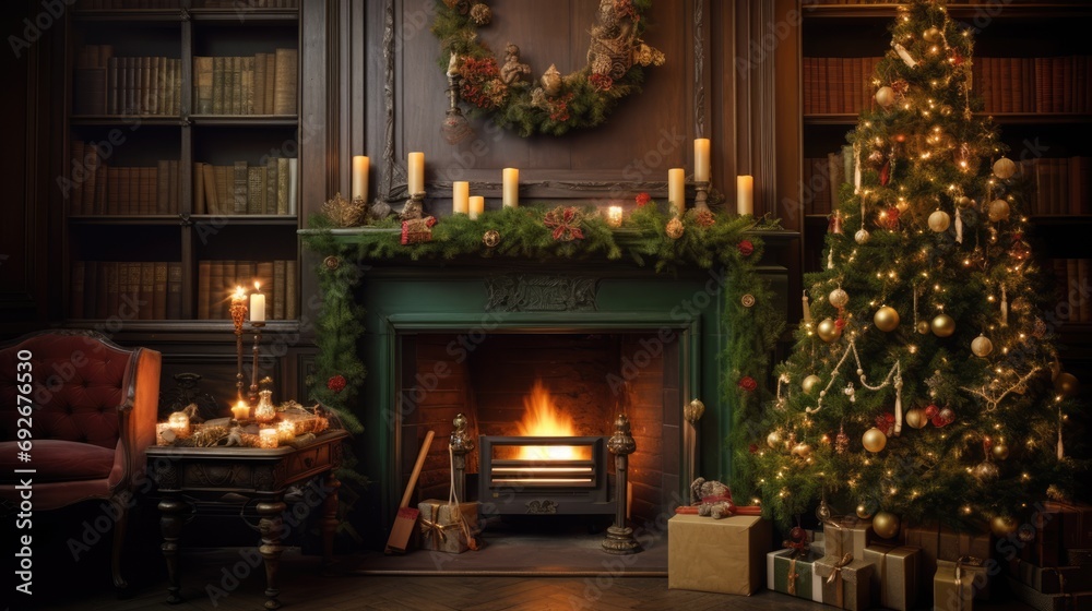 Victorian style living room interior with a fireplace, decorated Christmas tree, candles and gift boxes. AI Generated